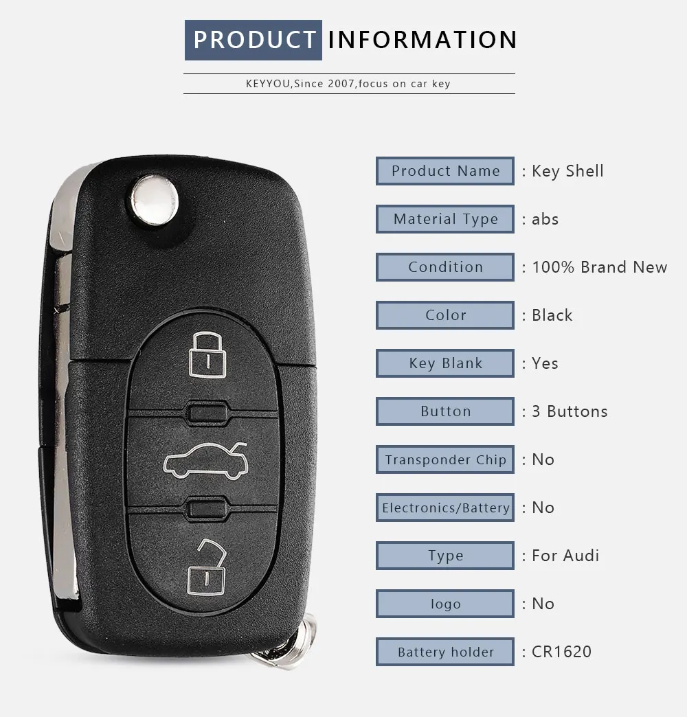 KEYYOU замена 3 кнопки флип ключи чехол в виде ракушки брелок для Audi TT A4 A6 A8 Quattro с лезвием CR1620