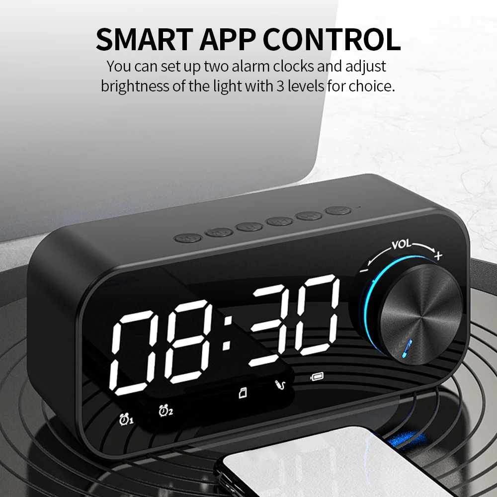 BT 5.0 cabinet speaker LED display night light 3-level adjustable brightness dual alarm volume control button TF Card |