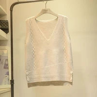 beige ru hemp flower button fall v neck knit sleeveless sweater easy vest loose out coat lady top cloth for girl women waistcoat