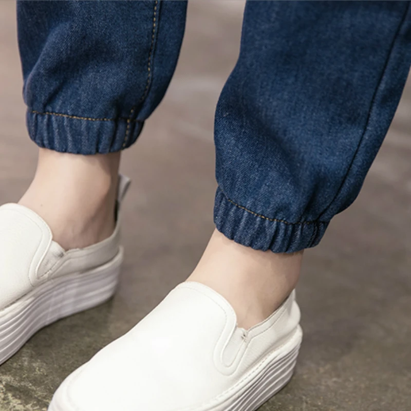 

Jeans Women Spring Harem Retro Vintage Washed Solid Elastic-waist Students Slim Korean Style Simple Leisure Womens All-match New