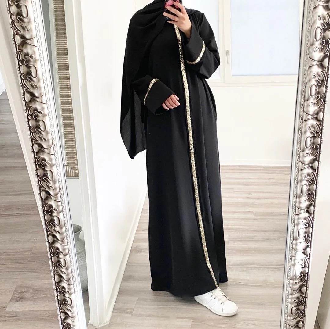 

Women Sequnis Closed Abaya Loose Hijab Dress with Pockets Long Sleeves Muslim Fashion Dubai Turkey Modest Islamic Clothing