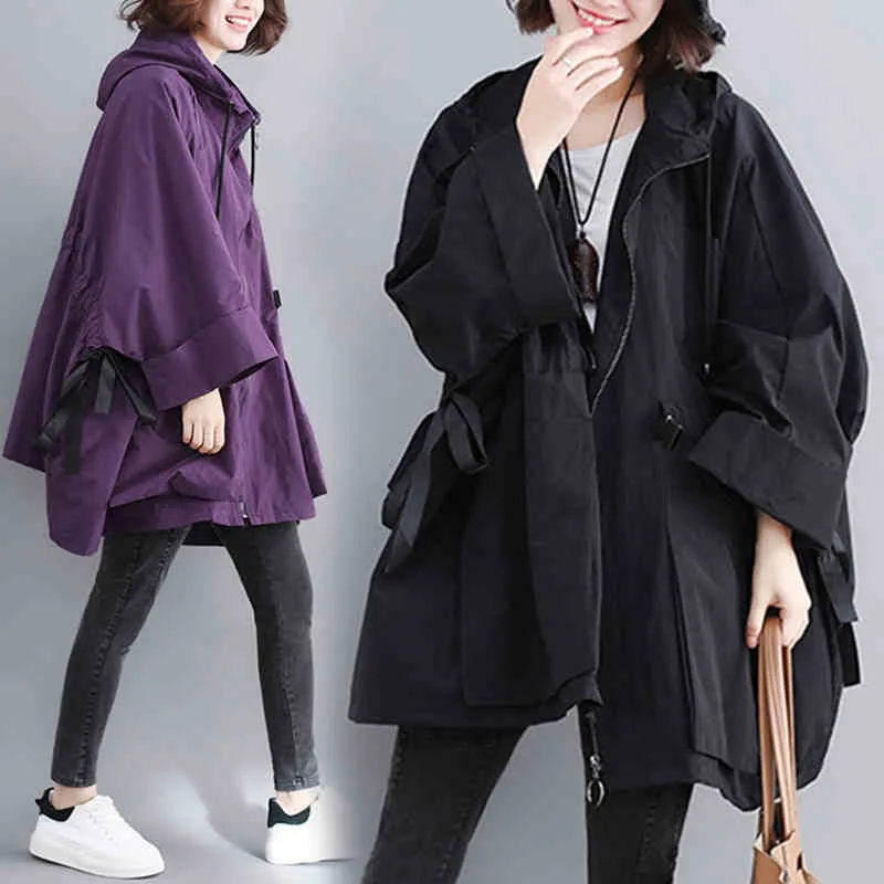 

Oversize Women Spring Autumn Trench Coat New Casual Loose Elegant Windbreaker Vintage Hooded Coat Outwear Women's clothing J210
