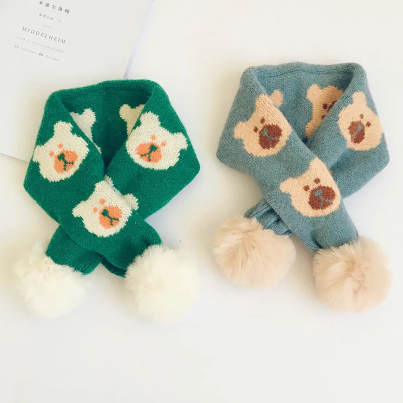 Korean Style New Autumn Winter Children Knitted Scarves Cartoon Printed Baby Kids Warm Pompon Neckerchief Chic Shawl |