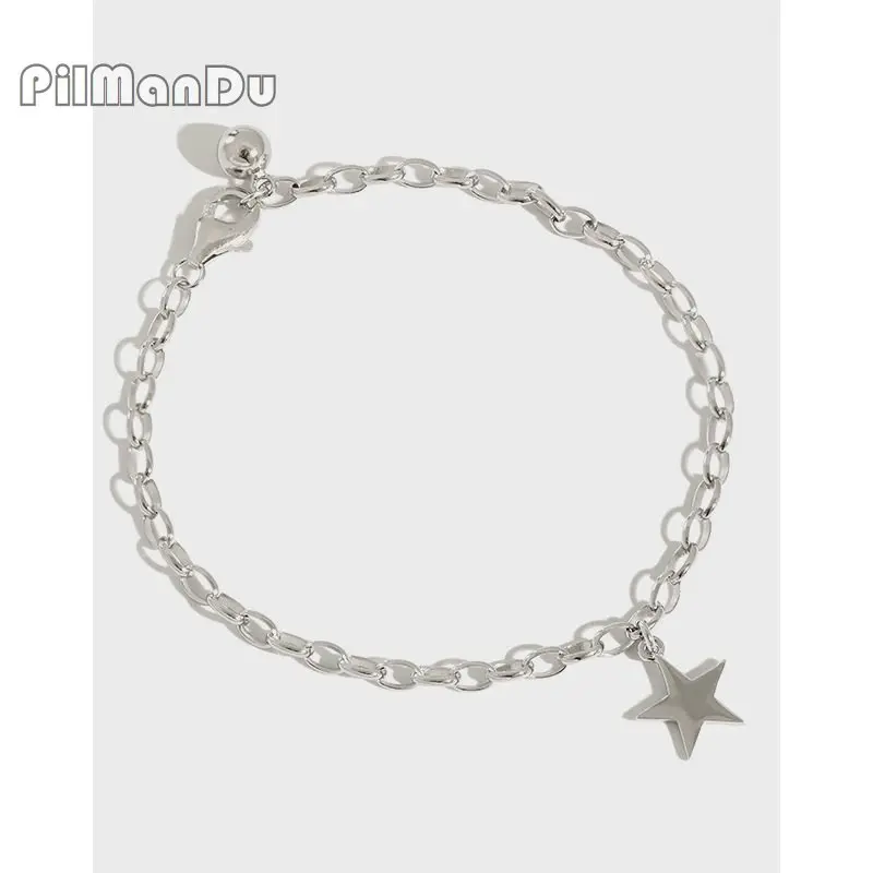 

PilManDu 19cm S925 Silver Trendy O Shape Link Chain Bracelets for Women Bead Star Pendant Wrist Jewelry Unisex Bracelets Gifts