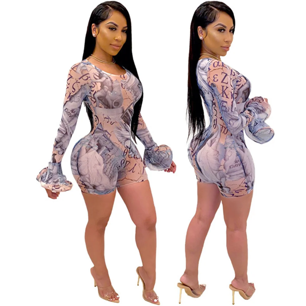 

RStylish Sexy Print Sheer Mesh Short Jumpsuit 2021 Summer O Neck Flare Long Sleeve Bodycon Playsuit See Through Women's Romper