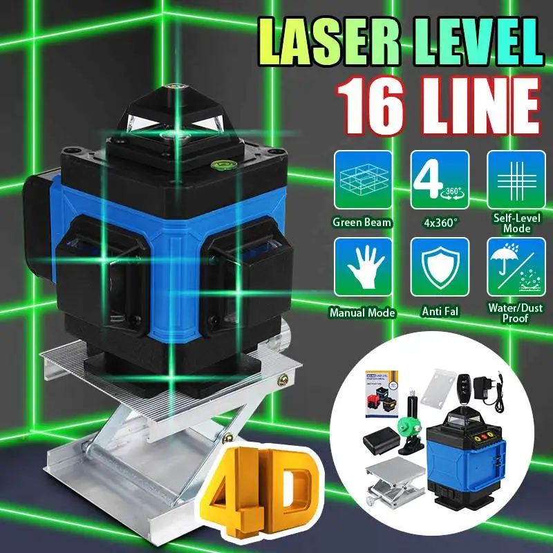 

Самонивелирующийся лазерный уровень 4D, 8/12/16 линий, 360 градусов, горизонтальный и вертикальный поперечный зеленый лазерный луч с батареей и н...
