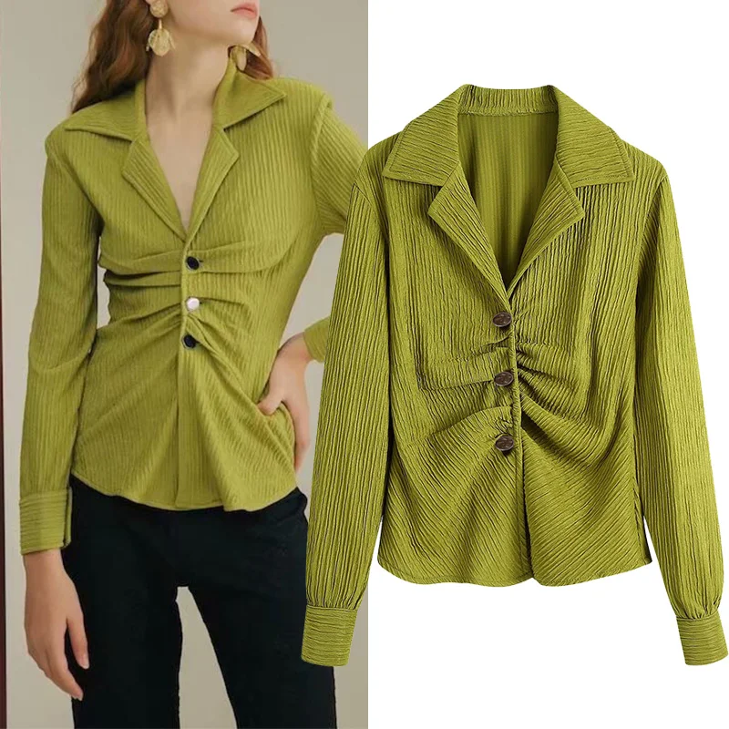 

WESAY JESI Summer Blouses Women Casual Top Shirt Fashion Chic Green V-Neck Pleated Tunic Long Sleeve Button-Up Women's Clothing