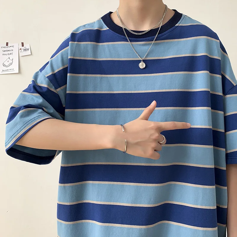 

Summer Cotton Short-sleeved T-shirt Men's Fashion Casual T Shirt Men Streetwear Korean Loose Hip-hop Striped Tshirt Mens Tops