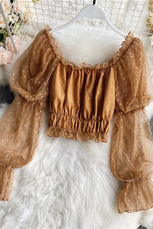 

Girly Wear Sweet Ruffled Puff Sleeve Slim-Fit Short Square Collar Gauzy Chiffon Blouse Retro Elegant Top
