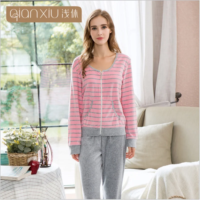 Осень-зима женские повседневные полосатые пижамные комплекты Женское пальто с
