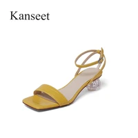kanseet 2021 new square toe buckle strap women sandals summer fashion crystal strange style heels basic mid heels shoes women