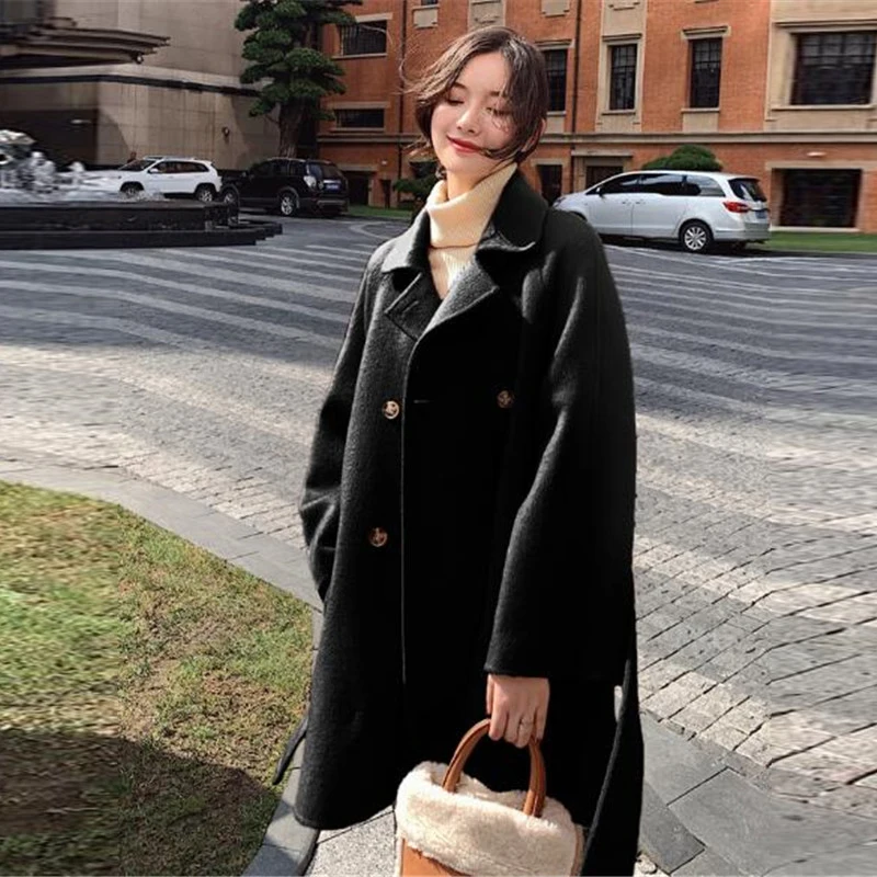 

new winter woolen coat female fashion student loose tops small double-breasted Medium length wool parka elegant women jacket