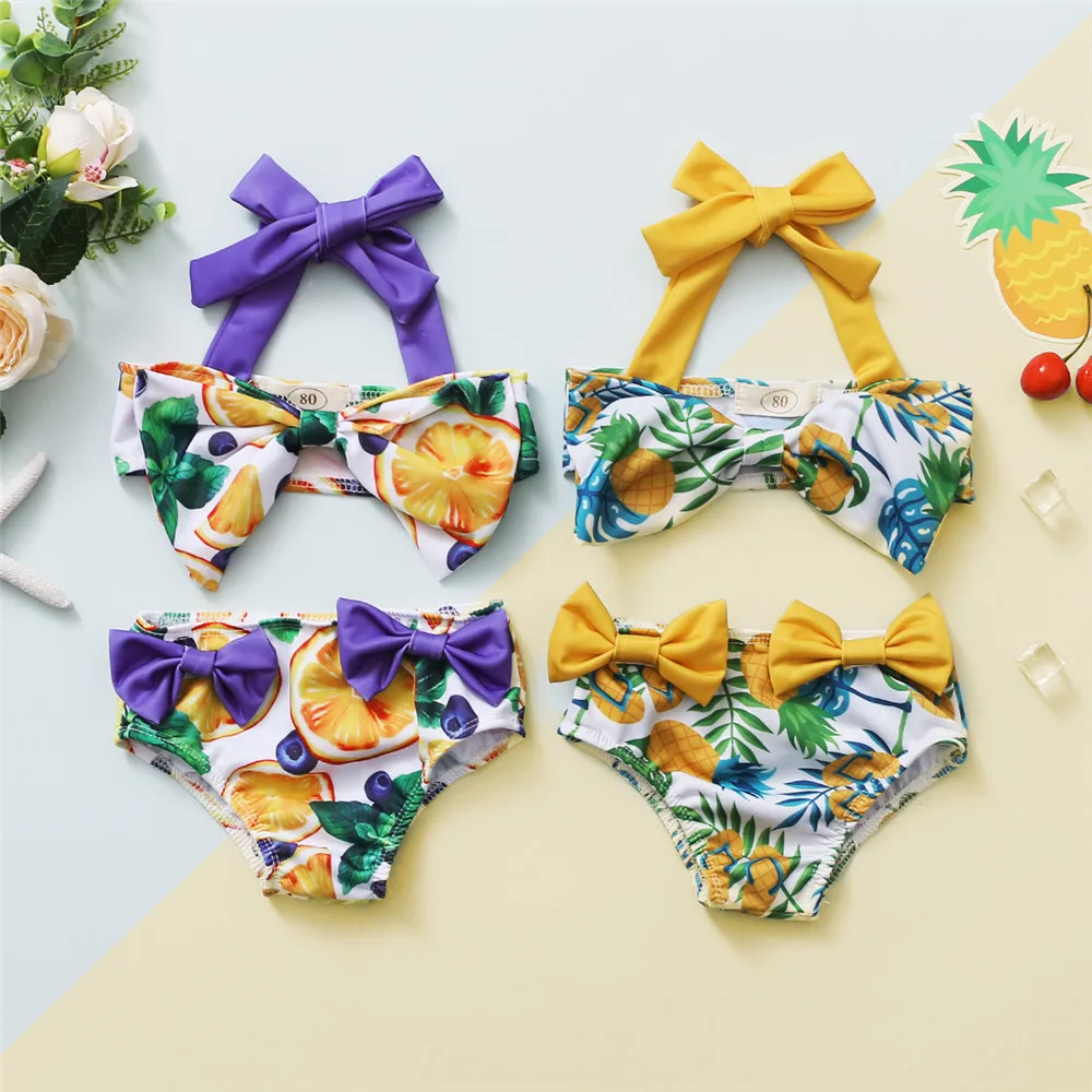 

Baby Girl Pineapple Orange Print Bikini Set Halter Bikini Top Bow Briefs 1-5Y Toddler Kids Summer Bathing Suit Swimsuit Swimwear