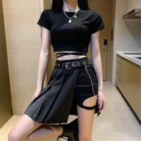 black skirts belt knee length pleated strap high waist detachable women lady sweet hip hop sexy streetwear outwear 2021 new