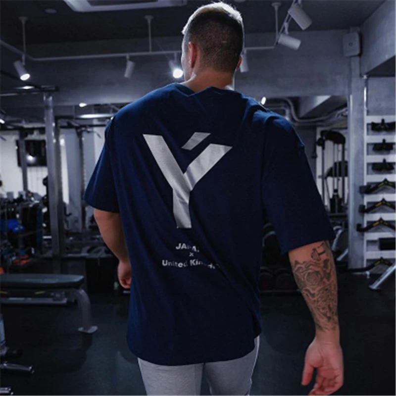 

Japan&UK Men T Shirts Running Summer Bodybuilding Cotton Letter Printed Tshirt Men GYM Fitness Workout O-Neck Oversize M-3XL