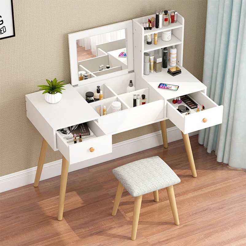 

Dressing Table Net Red Makeup Table Bedroom Small Apartment Simple Moder Clamshell Mirror Simple Storage Cabinet Furniture