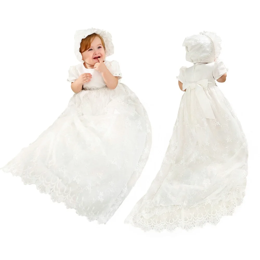 

2021 Style Hot-selling 3M -12M Pure White Baptism Dresses For Baby Newbron First Communion Dress Ivory Christening Gown With Hat