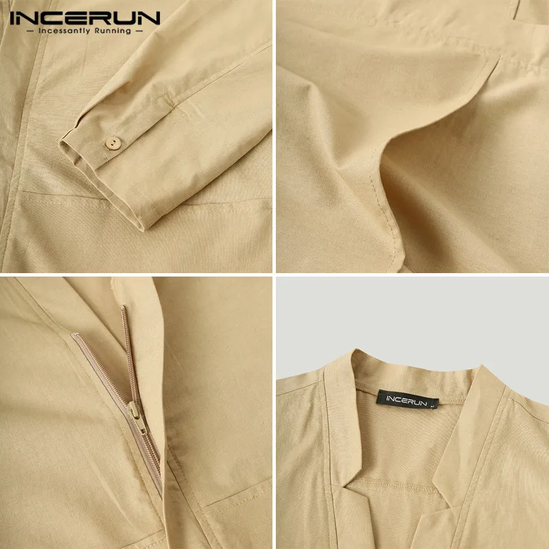 

2021 Vintage Long Sleeve V Neck Camisa INCERUN Men Solid Shirts Leisure Zipper Pockets Chemise Retro Mens Shirt Harajuku S-5XL