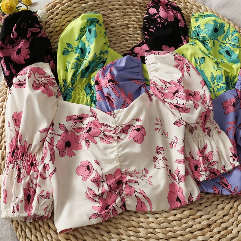 

Vintage Floral Printed Short Blouse Women Casual Streetwear Slash Neck Puff Sleeve Pullover Tops Female Chic Mini Shirts