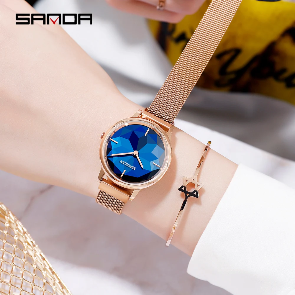 

2019 New SANDA Rose Gold Women Watches Luxury Top Brand Mesh Watch Women Waterproof Female Clock Ladies Relogio Feminino P1016