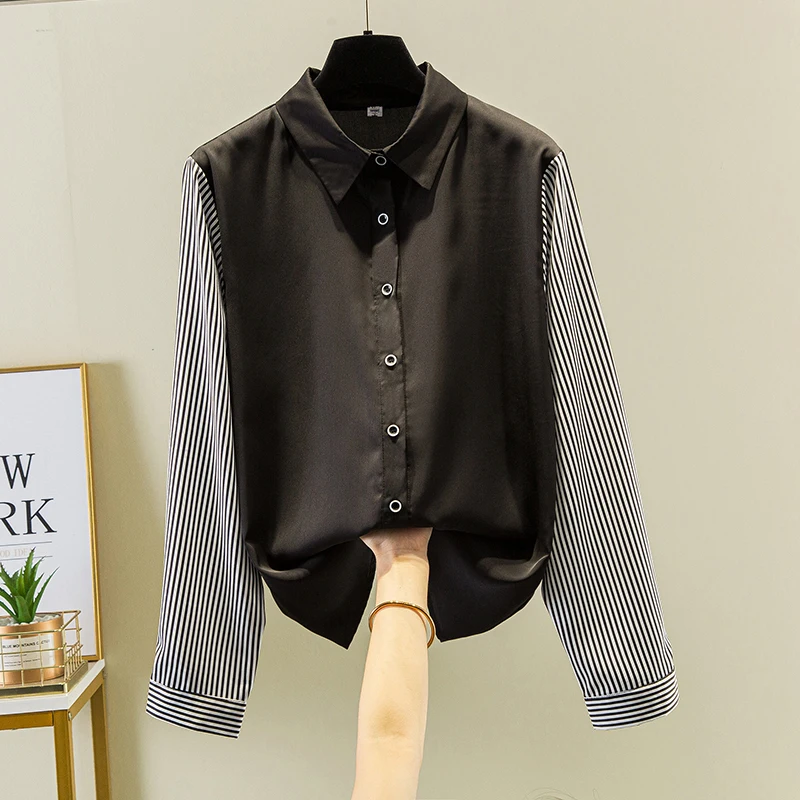 

Black Striped Chiffon Long Sleeved Plus Size Korean Autumn Elegant Fashion Blouses And Tops Women'S Oversize Shirt Clothing 2021