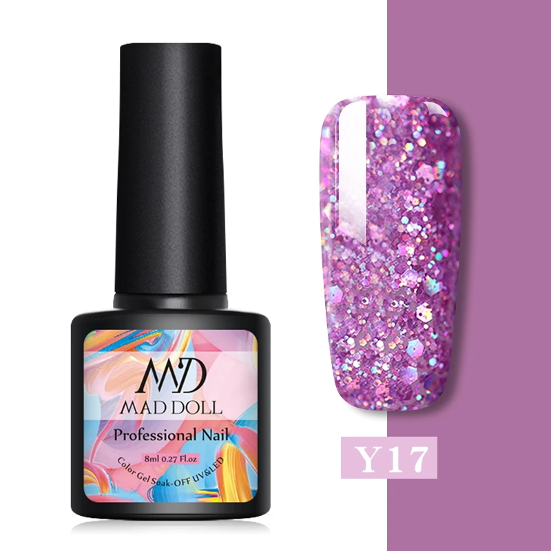 Y17 MAD DOLL, 8 мл, сверкающий УФ-гель, Блестящие Блестки, маникюрный лак для ногтей, УФ-гель для ногтей, отмачиваемый, Рождественская серия, УФ-гель, блестящий лак с блестками - Цвет: Y17