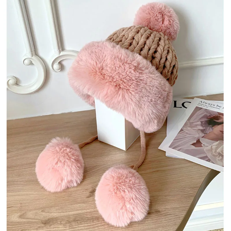 Женская зимняя шапка 2021 норковая вязаная шапка-бомбер плотная женская с пушистым
