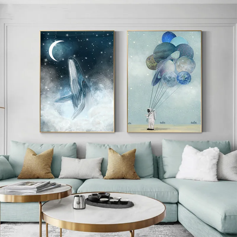 

Abstract Blue Whale Canvas Painting Astronaut Balloon Planet Poster Print Nordic Mural Home Decoration Living Room Wall Painting