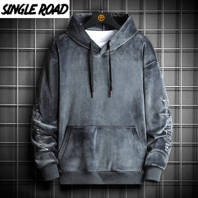 

Single Road Mens Velvet Hoodies Men 2021 Winter Warm Vintage Sweatshirt Male Japanese Streetwear Fleece Hoodie Men Sweatshirts