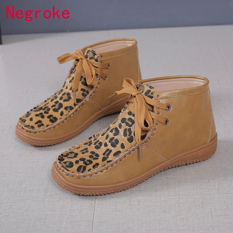 

2020 New Casual Boots Women Retro Leopard Fur Autumn Winter Women Boots PU Leather Ankle Boots Zapatos De Mujer Plus Size