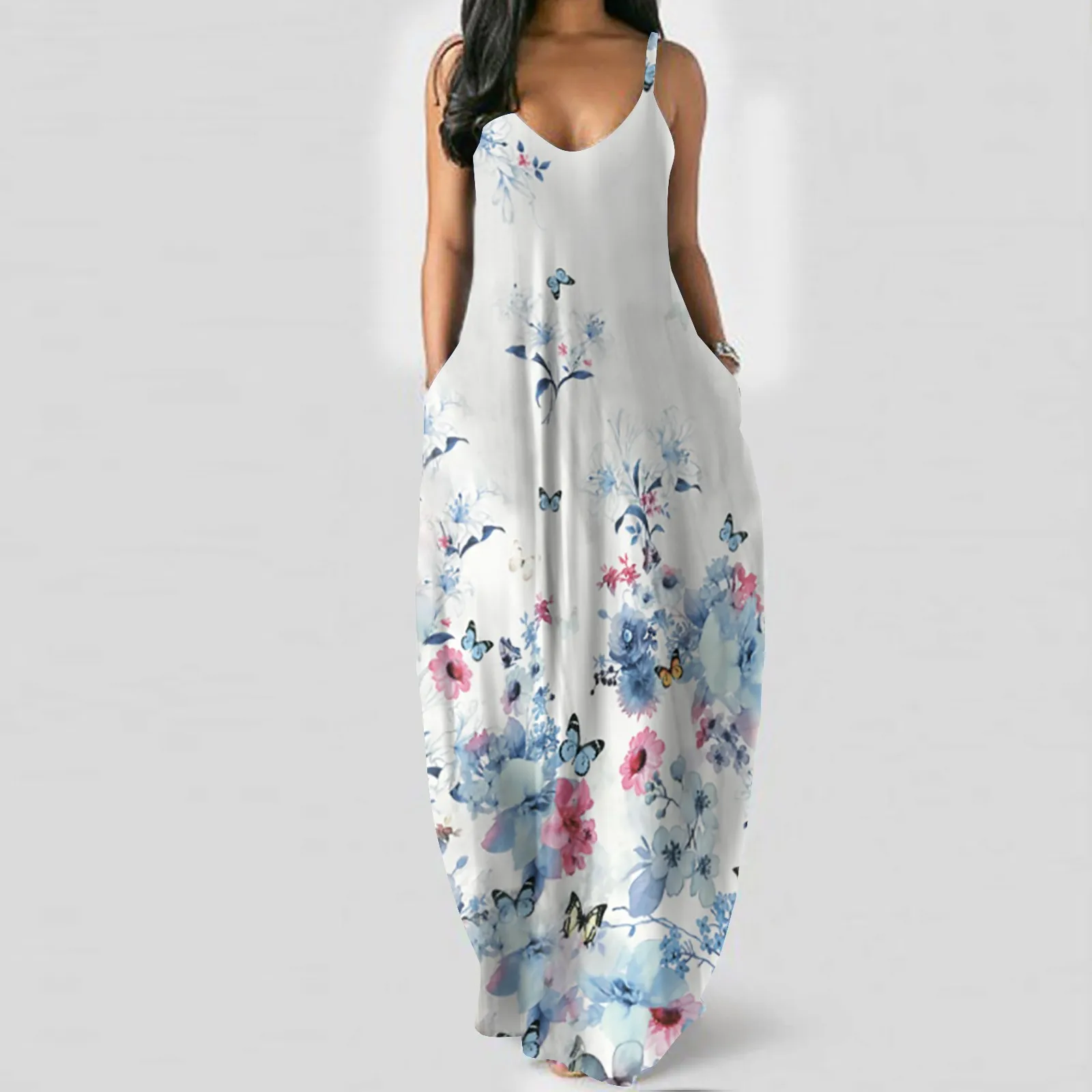 

Women's Dress Pockets Summer Print Long Maxi Dresses Sexy Spaghetti Straps Sleeveless Dress Plus Size Loose Dress Vestidos C2