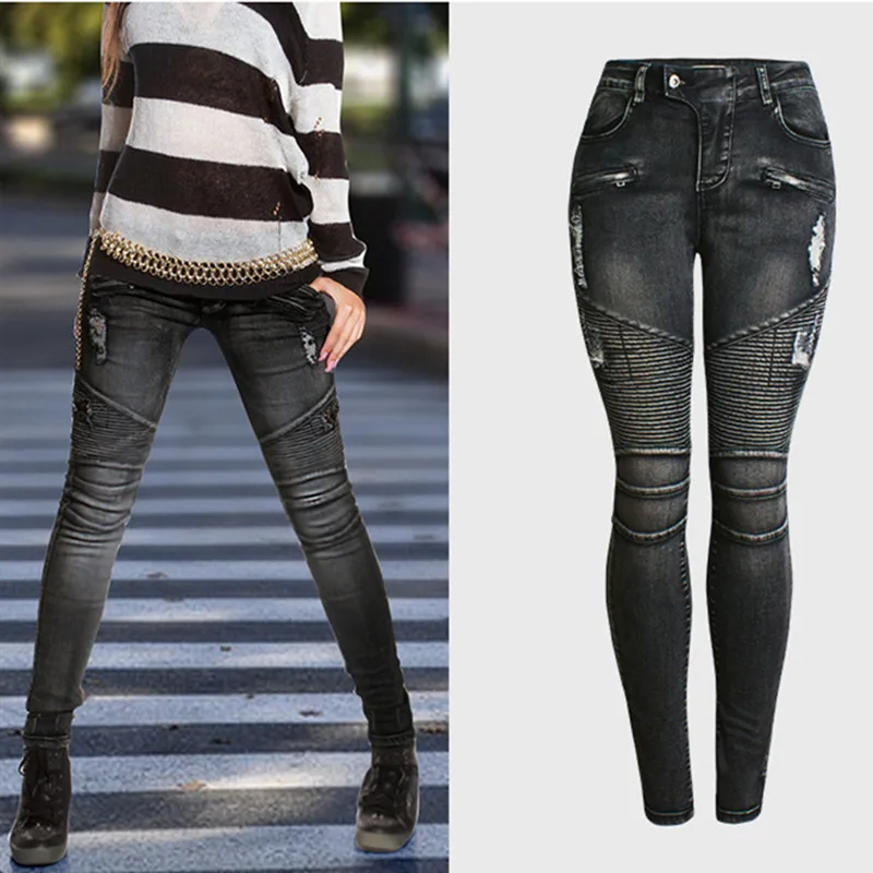 Новое поступление 2020 черные мотоциклетные байкерские джинсы с молнией женские