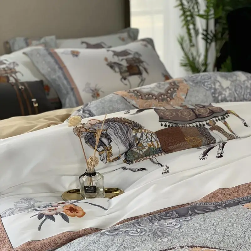 Preço High-end De Luxo Conjunto De Cama De Algodão Egípcio Cavalo Requintado Impresso Capa De Edredão Lençol/folha De Cama Rei Conjunto Tamanho 4 Pcs Rainha