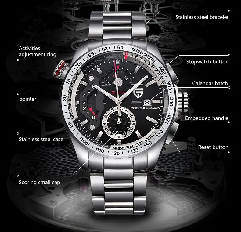 PAGANI Роскошные Брендовые спортивные часы с хронографом мужские Reloj Hombre Водонепроницаемые кожаные кварцевые часы черные часы Relogio Masculino