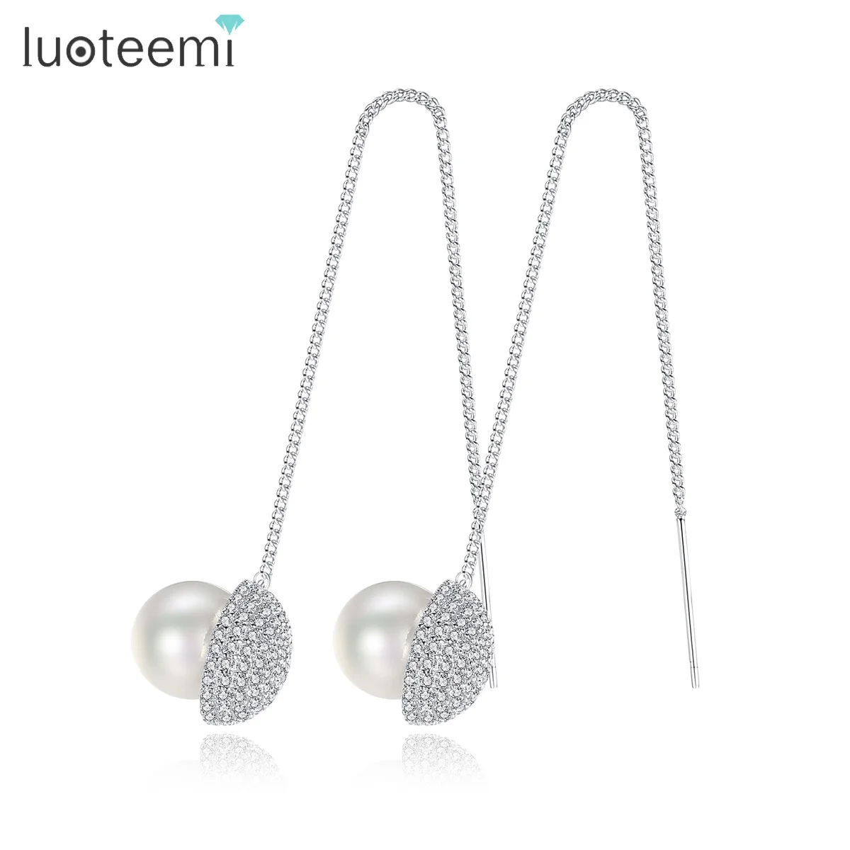 

LUOTEEMI New Arrival Fashion Design 7.9cm Long Ear Line with CZ Filbert Pendant Drop For Women Dangle Earrings Pearl Bijouterie