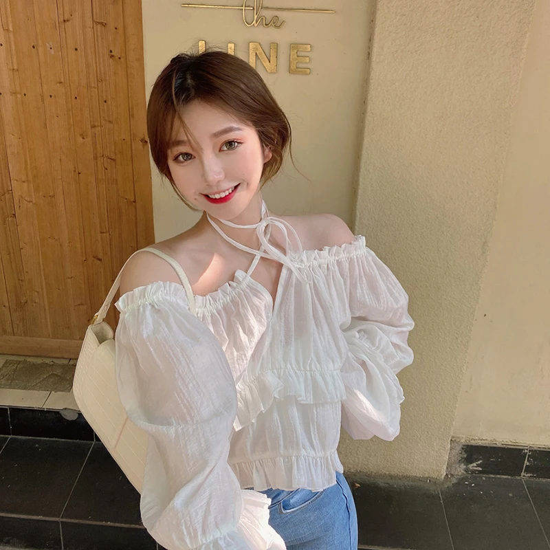 

White Chiffon Crop Top Loose Ladies Off Shoulder Blouse Women Fashion Brand Autumn Thin Halter Sweet Style Shirts Korean Clothes
