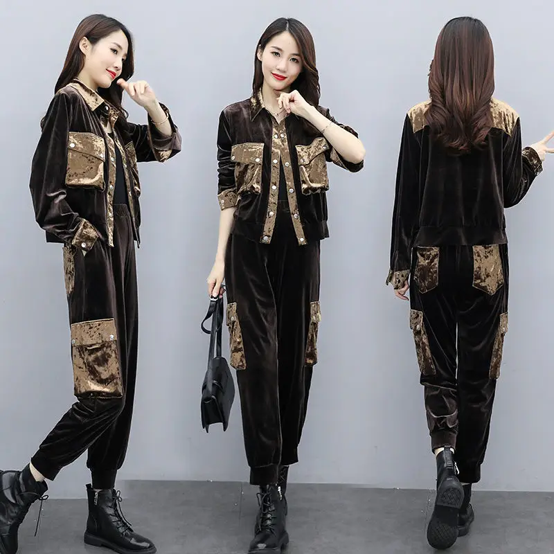 Женские вельветовые спортивные костюмы Весенняя комбинированная куртка + брюки