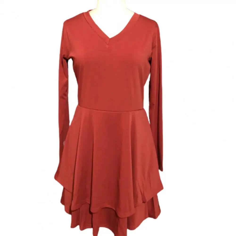 

Mini Dress Solid Color Long Sleeve Women Double Ruffle A Line Dress for Party