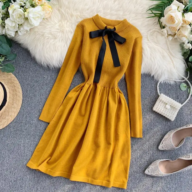 ALPHALMODA осеннее трикотажное платье с длинными рукавами и галстуком-бабочкой, милое женское платье с тонкой талией в консервативном стиле, трикотажное платье