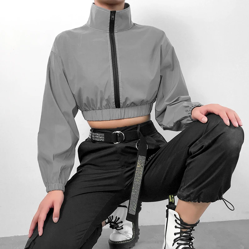 HEYounGIRL Reflective Harajuku Cropped Jacket Hip Hop Casual Coats Women Long Sleeve Loose Windbreaker Korean Autumn Streetwear