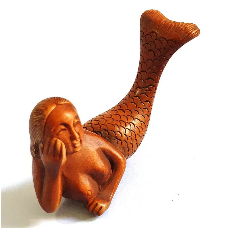 

Коллекционная 2-Дюймовая японская скульптура Самшит 20 лет ручная резьба Netsuke миниатюрная Красивая Русалка-# ZY7570