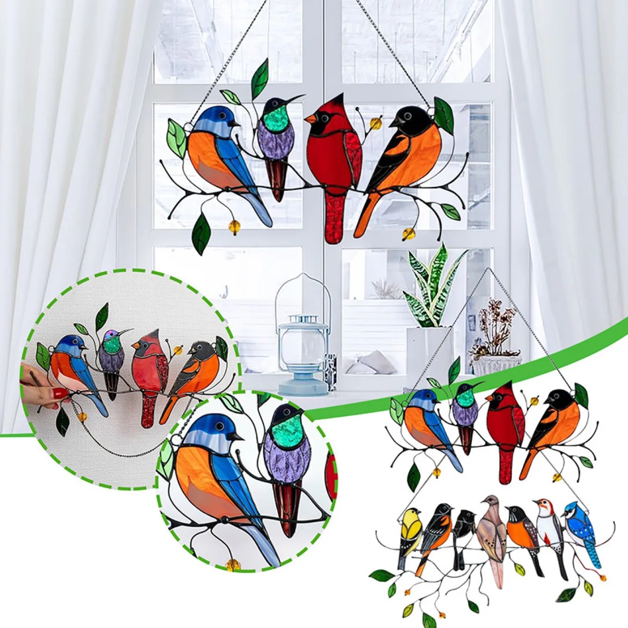 Multicolor Birds on a Wire High Stained Glass Suncatcher Window Panel Pendant Handmade Painted Bird