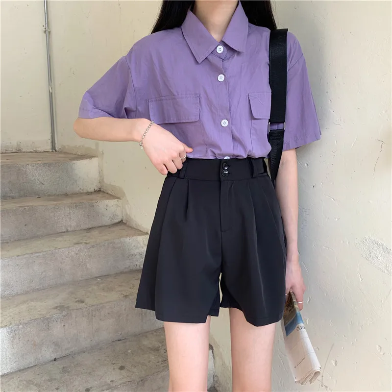 

Shorts Women Solid High Waist Loose Thin Summer Korean Ulzzang Simple Womens All-match Chic Leisure Daily Female Fashion New Ins