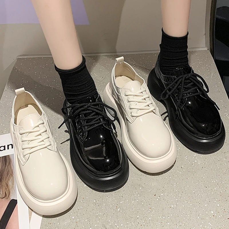 2021 Women Mary Janes Lolita Style Round Toe Casual Shoes Spring Autumn Female Platform Lace Up Shoes Ladies Loafers  Oxford