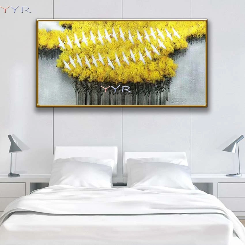 Бесплатная доставка, ручная работа, абстрактные Золотые деревья и картина маслом c изображением птиц на холсте, ручная роспись, настенные художественные работы, домашний декор, без рамки