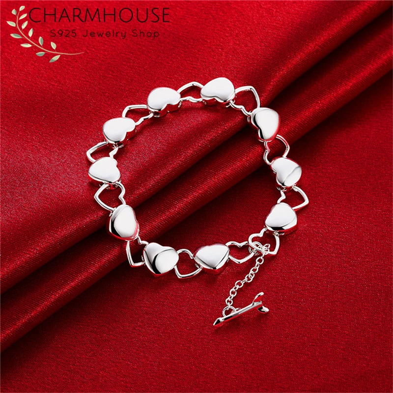 Charmhouse чистое серебро 925 браслеты для женщин сердечки звено цепи браслет Pulseira
