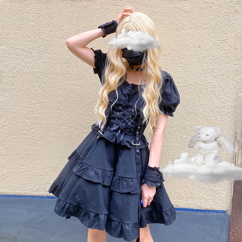 

Japanese Soft Girl Dark Gothic Puff Sleeve Bandage Waist Ruffled Puffy Lolita Dress Cos Loli Vestidos