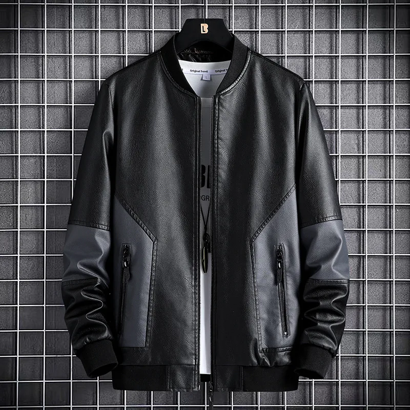 

New Men Jacket Male Spring Fall Faux Leather Jackets Long Sleeves Stand Collar PU Leather Outerwear Fashion Korean Style Coat