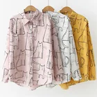 Элегантная блузка, Женская белая рубашка с длинным рукавом, женский топ для офиса, повседневная женская блузка с мультяшным принтом кошки