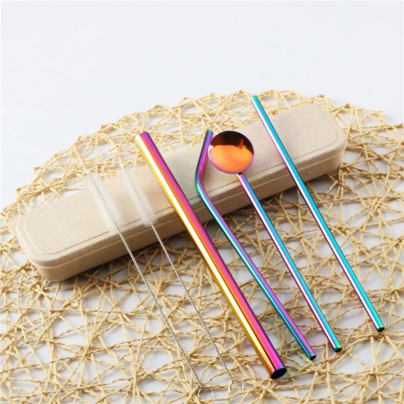 Соломка из нержавеющей стали красочные дома 7 шт нержавеющей стали толщиной тонкой соломинки ложка-кисточка наборы - Цвет: E